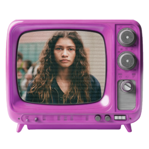 A young woman with curly hair appears on a vintage pink television screen