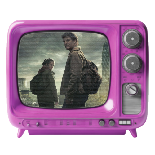 Two people in hooded jackets on a screen, with a city skyline in the background, inside a purple retro television.