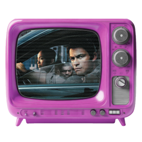 Three people captured on a TV screen with a pink frame, with two men and a woman inside a vehicle.
