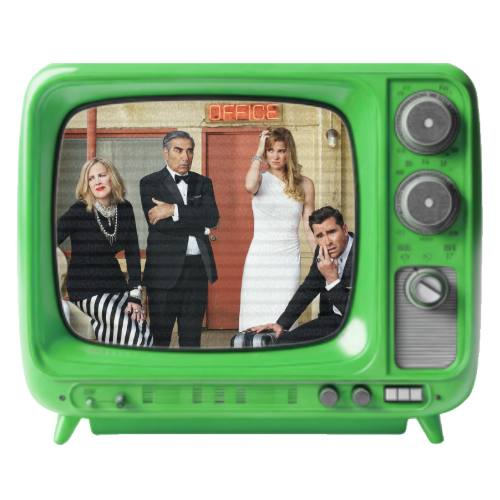 Four professionals in business attire standing and sitting in an office, viewed through a retro green television screen with an 'Office' sign above the door.