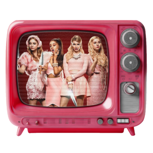 Four young women in pink outfits, holding knives, displayed on a pink vintage television screen.