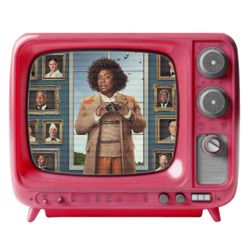 Woman holding binoculars inside a retro pink television surrounded by framed photographs of various people on a wall