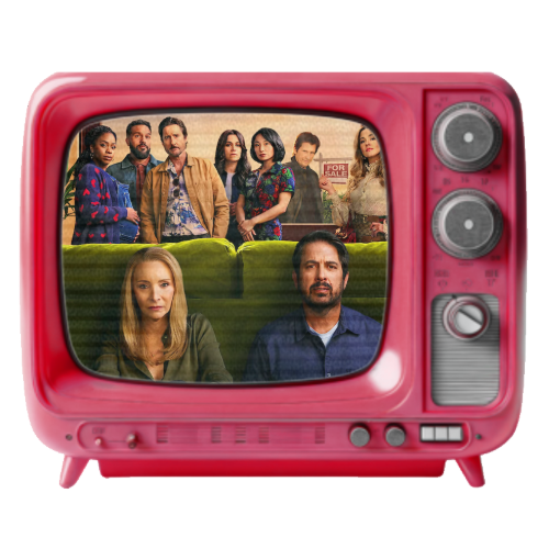 A pink vintage television showing a group of eight diverse people, with two seated in front and six standing behind, in a setting with a 'For Sale' sign in the background.