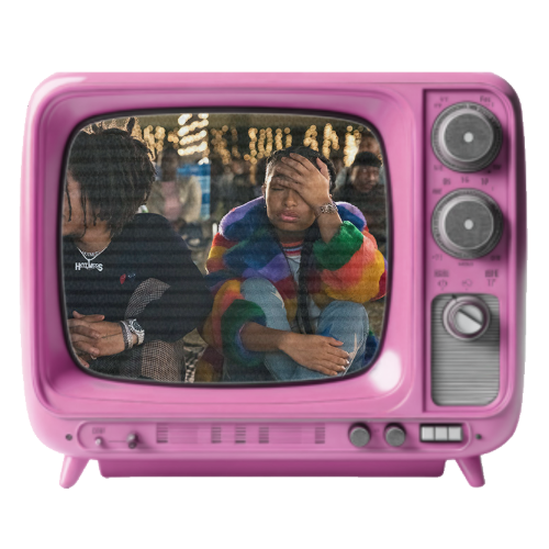 A pink vintage television screen displaying two people, one wearing a rainbow-colored jacket with their hand on their forehead, and the other in a black shirt with dreadlocks.