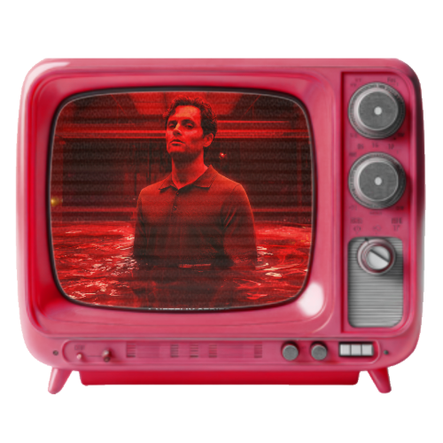 A man standing in water inside a pink vintage television with red scanning lines