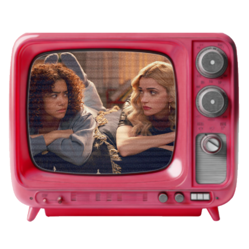 Two young women lying on the floor and looking at each other through a vintage pink television screen