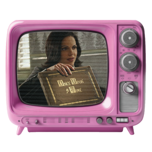 A woman holding a sign that says 'Once Upon a Time' is displayed on a pink vintage television screen.