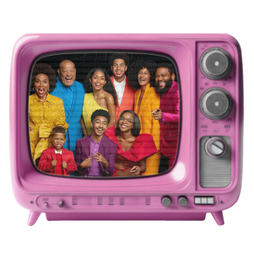 Family of nine smiling and posing together on a pink vintage television screen.