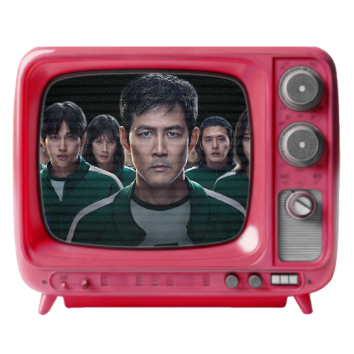 People on a TV screen inside a pink vintage television set, with a serious expression on their faces