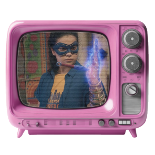 Person dressed as superhero or villain in a pink vintage television screen, wearing a blue mask and holding a wand