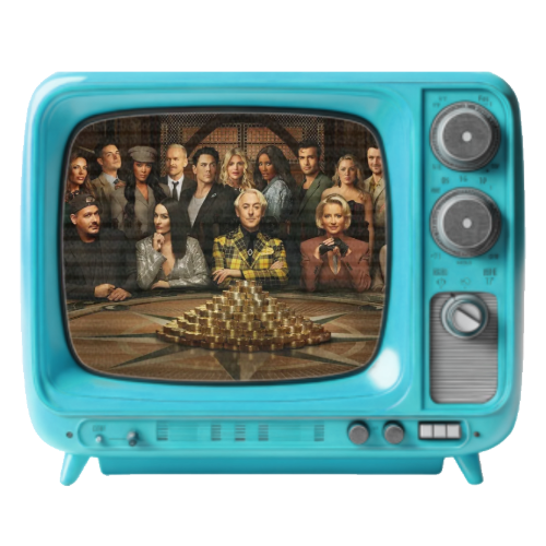 A vintage turquoise television displaying an image of a group of people around a gambling table with chips, with a man in a yellow plaid jacket sitting in the center.