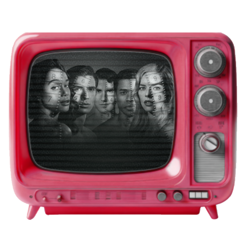 A vintage pink television displaying a black-and-white image of five young adults with numbers overlapping their faces.