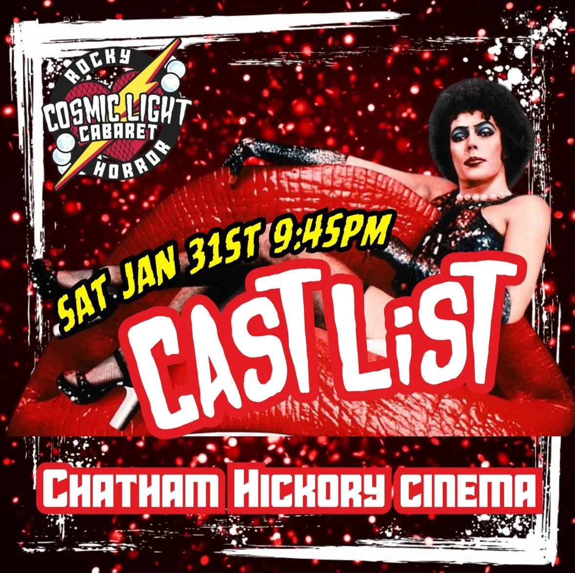 Here&rsquo;s our cast list for this Saturday at @chathamhickorycinema for a fun and freaky night you won&rsquo;t forget!!