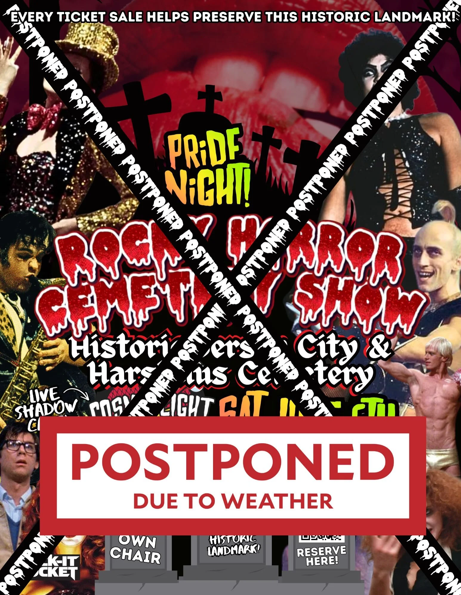 ⚠️ EVENT UPDATE ⚠️

Due to a weather advisory forecast for Saturday evening, we&rsquo;ve made the difficult decision to POSTPONE our Rocky Horror Picture Show screening at Historic Jersey City &amp; Harsimus Cemetery.

But don&rsquo;t you panic! We&r
