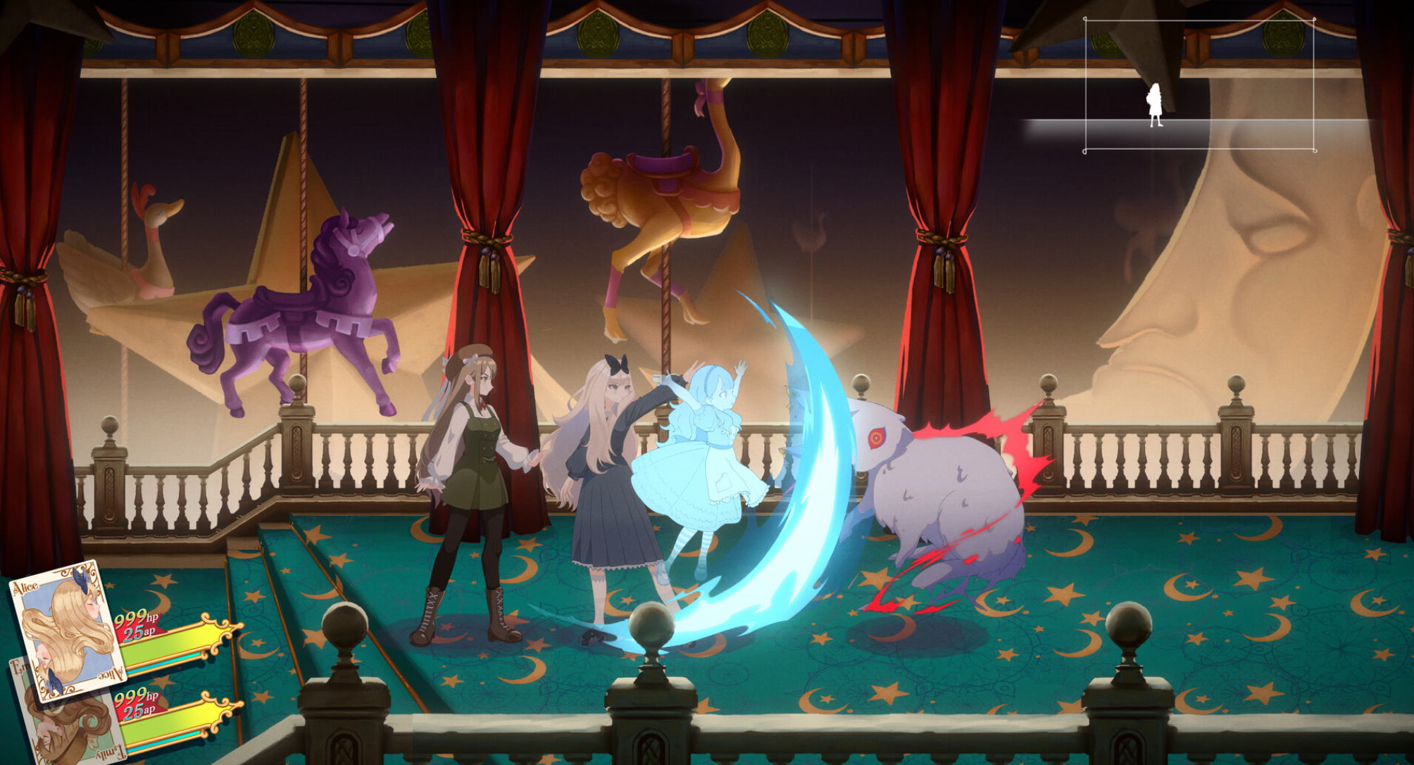 Background assets by me. Carrousel animals by @Jettimania, character models and UI by @AoClover