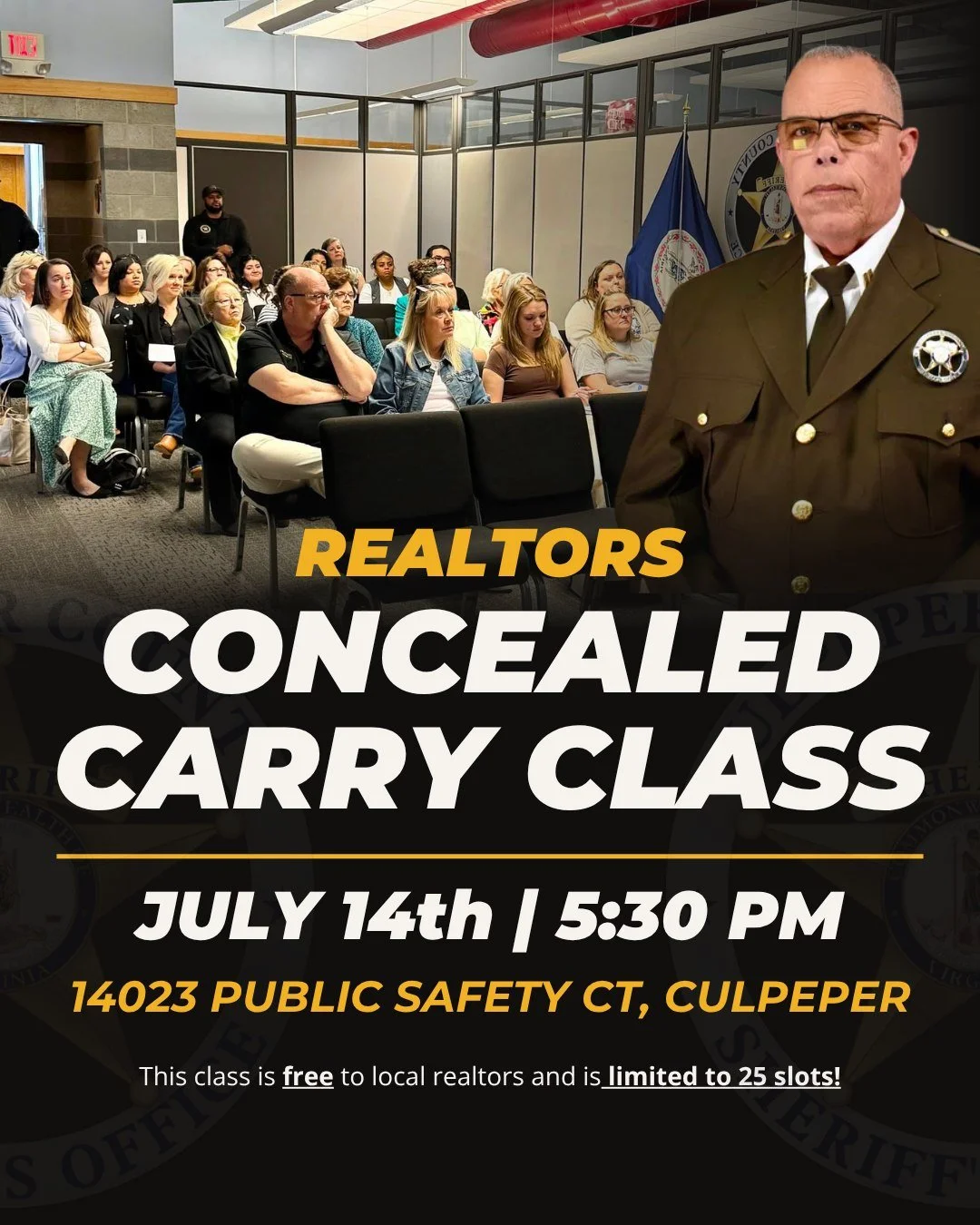 The Culpeper County Sheriff&rsquo;s Office is excited to announce our upcoming Concealed Carry Firearms Class specifically for local realtors! 🎯

REGISTRATION IS REQUIRED (See Bottom of Caption) ⚠️

CCSO is offering this training FREE for up to 25 r