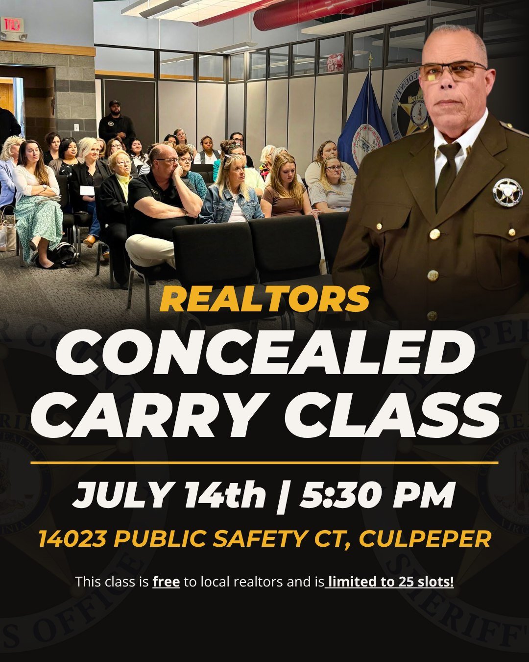 Reminder to Register! 📢

The Culpeper County Sheriff&rsquo;s Office is excited to announce our upcoming Concealed Carry Firearms Class specifically for local realtors! 🎯

REGISTRATION IS REQUIRED (See Bottom of Caption) ⚠️

CCSO is offering this tr