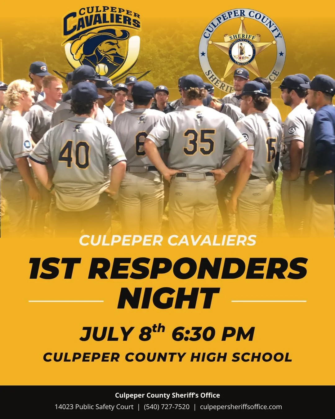 Join us tomorrow, Wednesday, July 8, 2026, for First Responders Night with the Culpeper Cavaliers!

The Cavaliers will take on Charlottesville at the home field, with the first pitch scheduled for 6:30 PM pitched by our very own Sheriff Chilton! ⚾

T