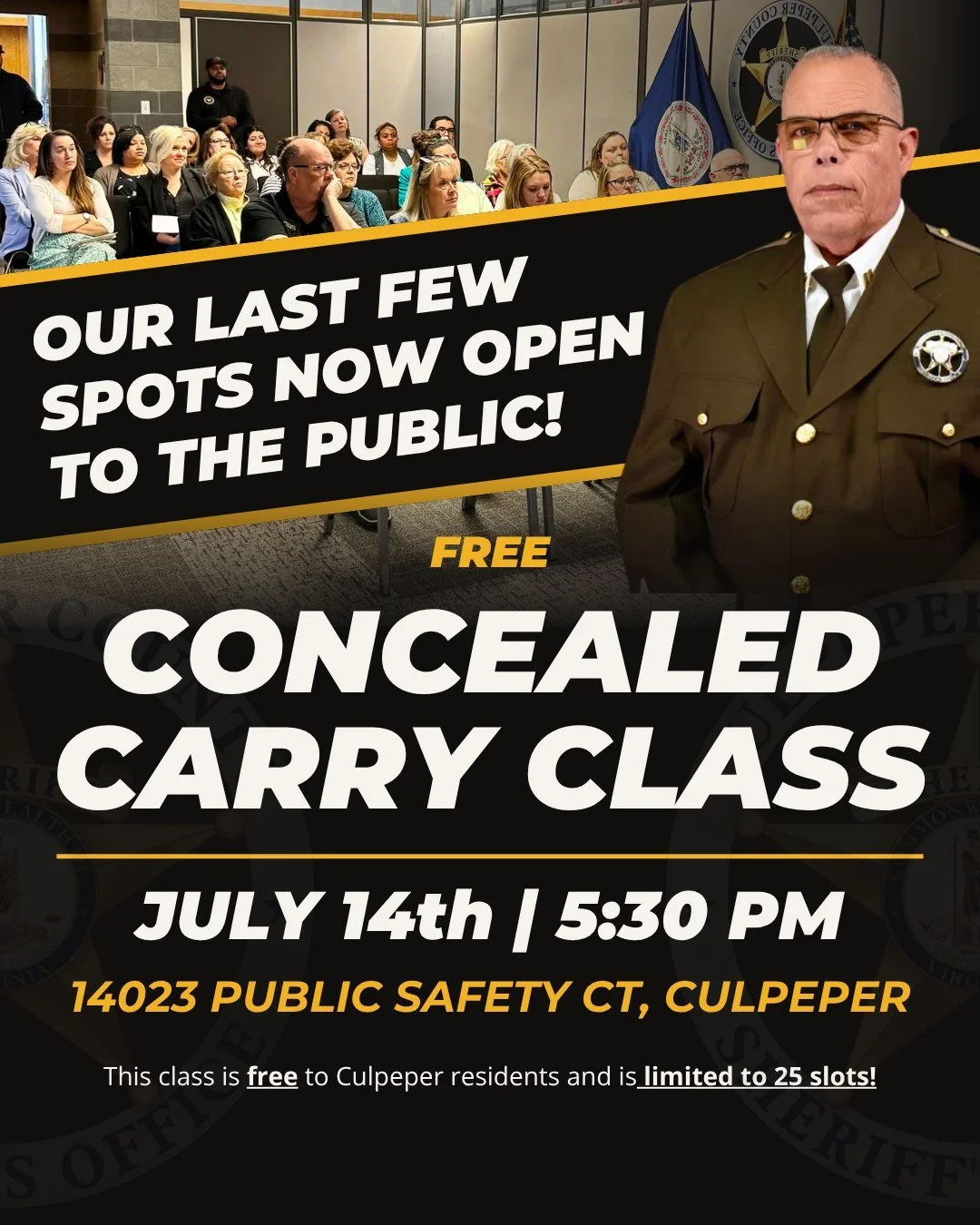 We're opening up the last few spots for our free Concealed Carry Class directly to all local Culpeper businesses and their professional staff.

The specialized training session will take place next week on Tuesday, July 14, 2026, beginning at 5:30 PM