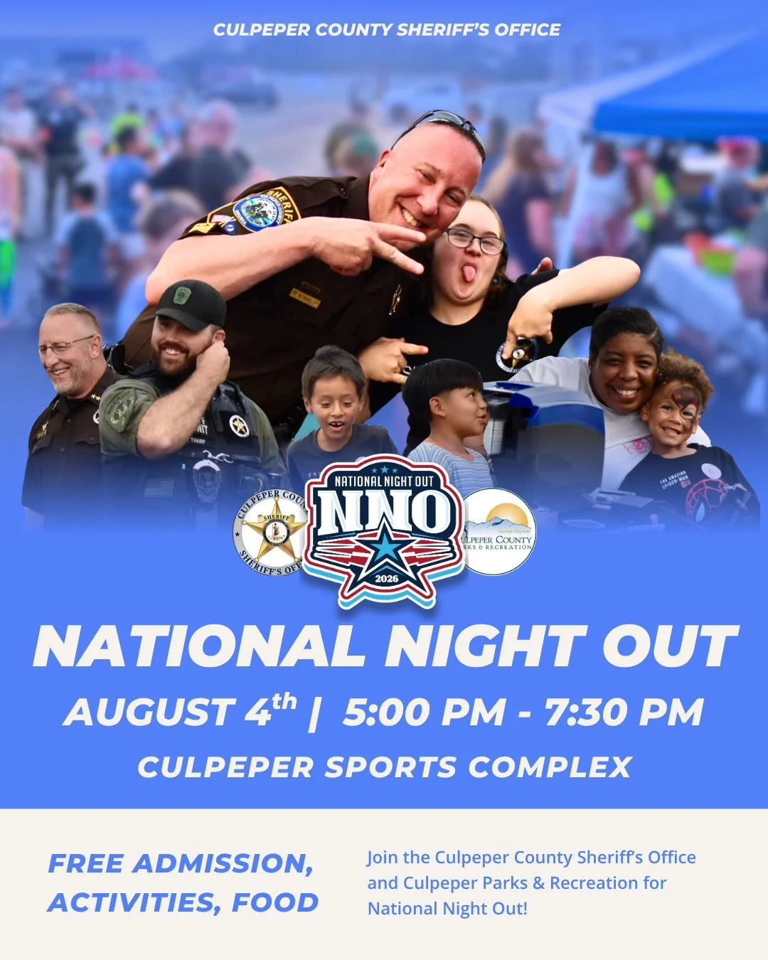 🚨 SEE YOU TONIGHT! 🚨

Join CCSO and Culpeper Parks and Recreation for our 3rd Annual National Night Out on TONIGHT from 5:00 PM to 7:30 PM.

Enjoy free admission, activities, games, and great food throughout the evening!

Bringing law enforcement a