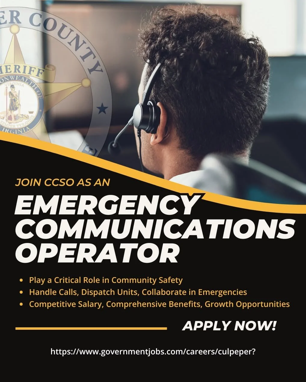🔹 Certified Emergency Communications Operator

Are you a  911 dispatcher and looking for a new home? CCSO is looking for an Certified Emergency Communications Operator.

What We Offer:
✅ Competitive Starting Salary: $47,000+ (Starting range based on