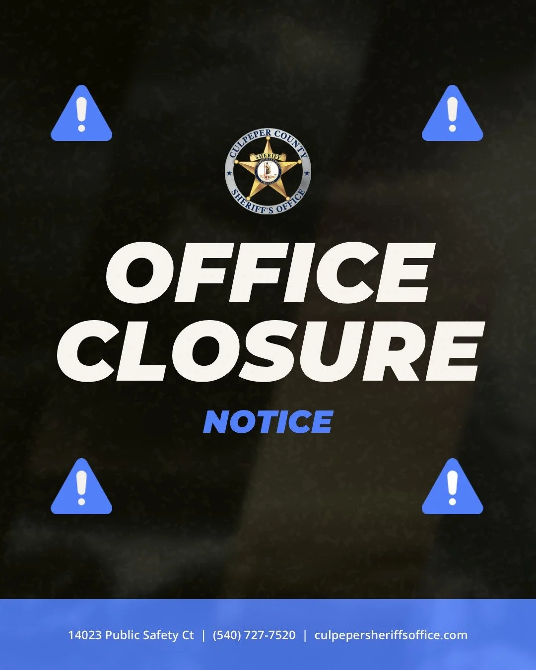🔔 OFFICE CLOSURE 🔔

In observance of the Labor Day holiday, all county offices including CCSO records and HQ will be closed:

🔔 Today at 12:00 PM
🔔 Monday 09/07

Normal hours of operation will resume Tuesday, 09/08.

Have a safe and happy Labor D