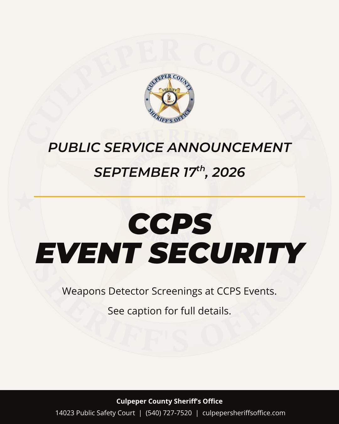 Public Service Announcement
09/17/2026

As many in our community are aware, recent events both locally over the past weeks and across the country highlight the continuous need for proactive public safety.

To ensure our students, families, and fans c