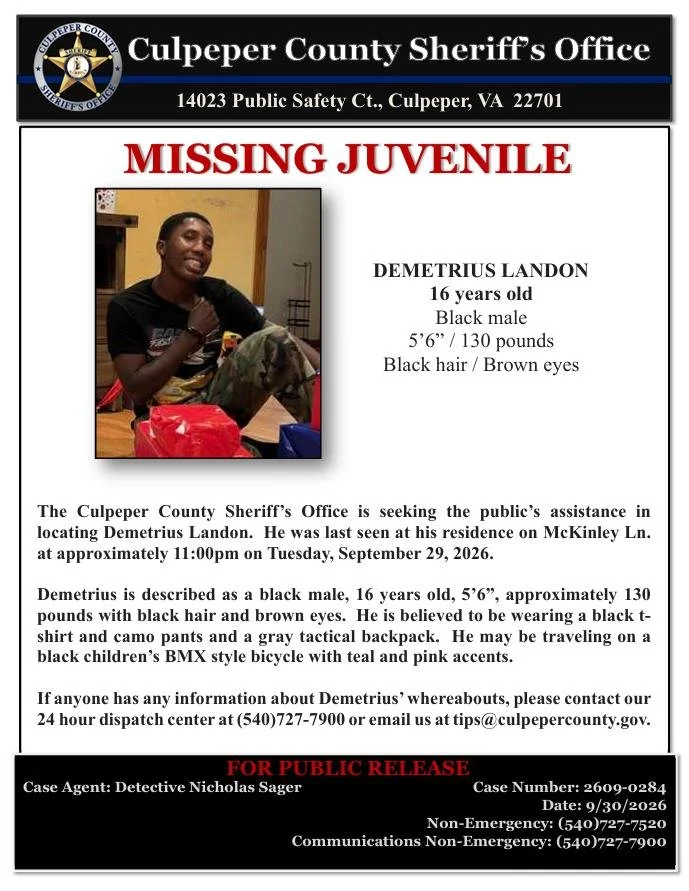 🚨 Missing Juvenile Alert 🚨

Demetrius Landon

5'6, 130lbs, Black Male

Last seen on McKinley Ln. 9/29/26 around 11:00pm, wearing a black t-shirt, camo pants, and a gray tactical backpack. 

He may be travelling on a black children's BMX style bike 