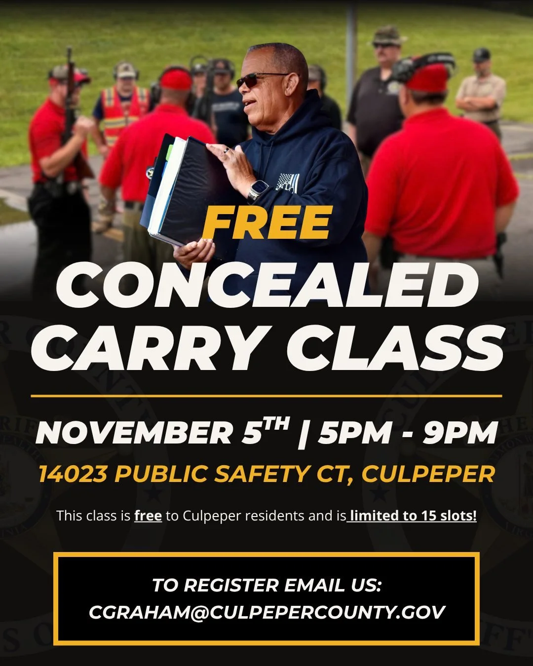 The Culpeper County Sheriff&rsquo;s Office is excited to announce our upcoming Concealed Carry Firearms Class! 

⚠️ REGISTRATION IS REQUIRED (See Bottom of Caption) ⚠️

The class will be held on Thursday, November 5th from 5:00 PM - 9:00 PM at CCSO H