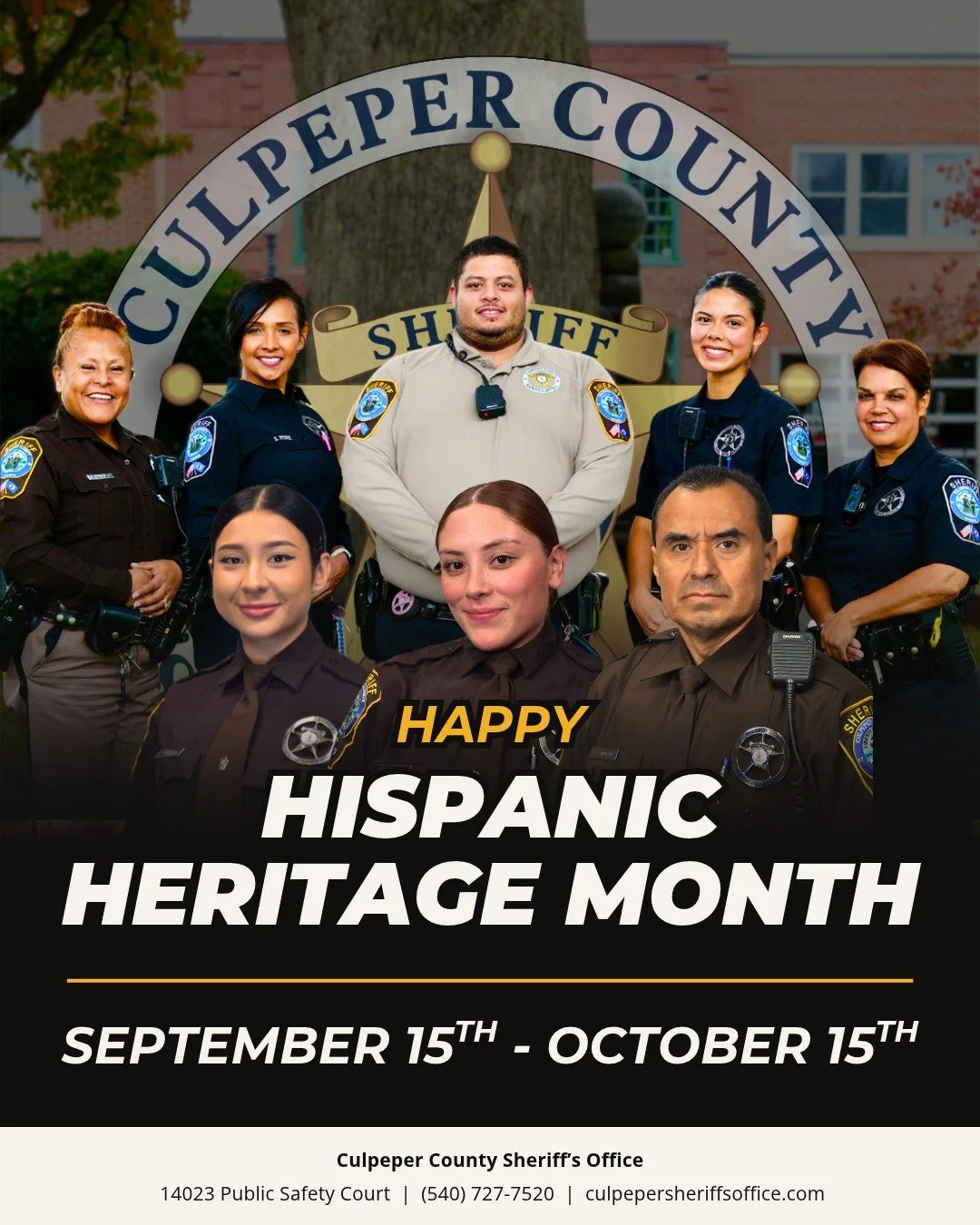 Happy National Hispanic Heritage Month, Culpeper! 🌟

From local business owners, educators, and neighbors to our deputies right here at CCSO, our Hispanic residents contribute to what makes Culpeper such a great place to live and work.

Protecting a