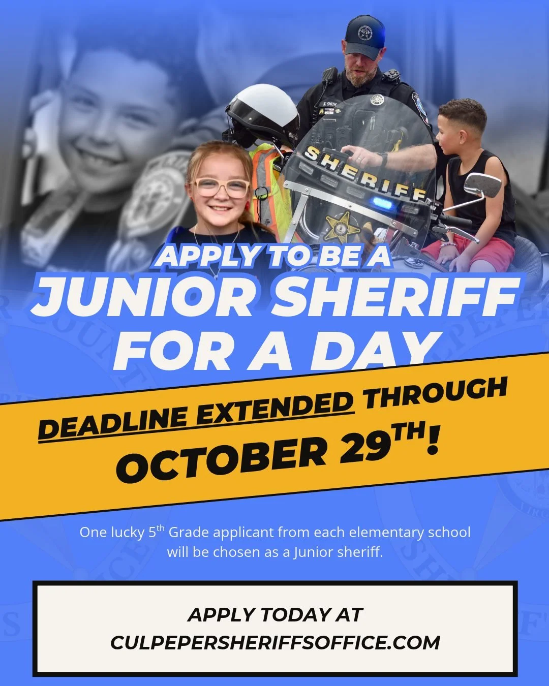 🚨 LAST CALL FOR APPLICATIONS!!! 🚨

CCSO&rsquo;s Junior Sheriffs Team For a Day applications have been extended!

Due to some confusion between our program and the Culpeper School Safety Patrol program, we are extending the deadline to allow more 5t