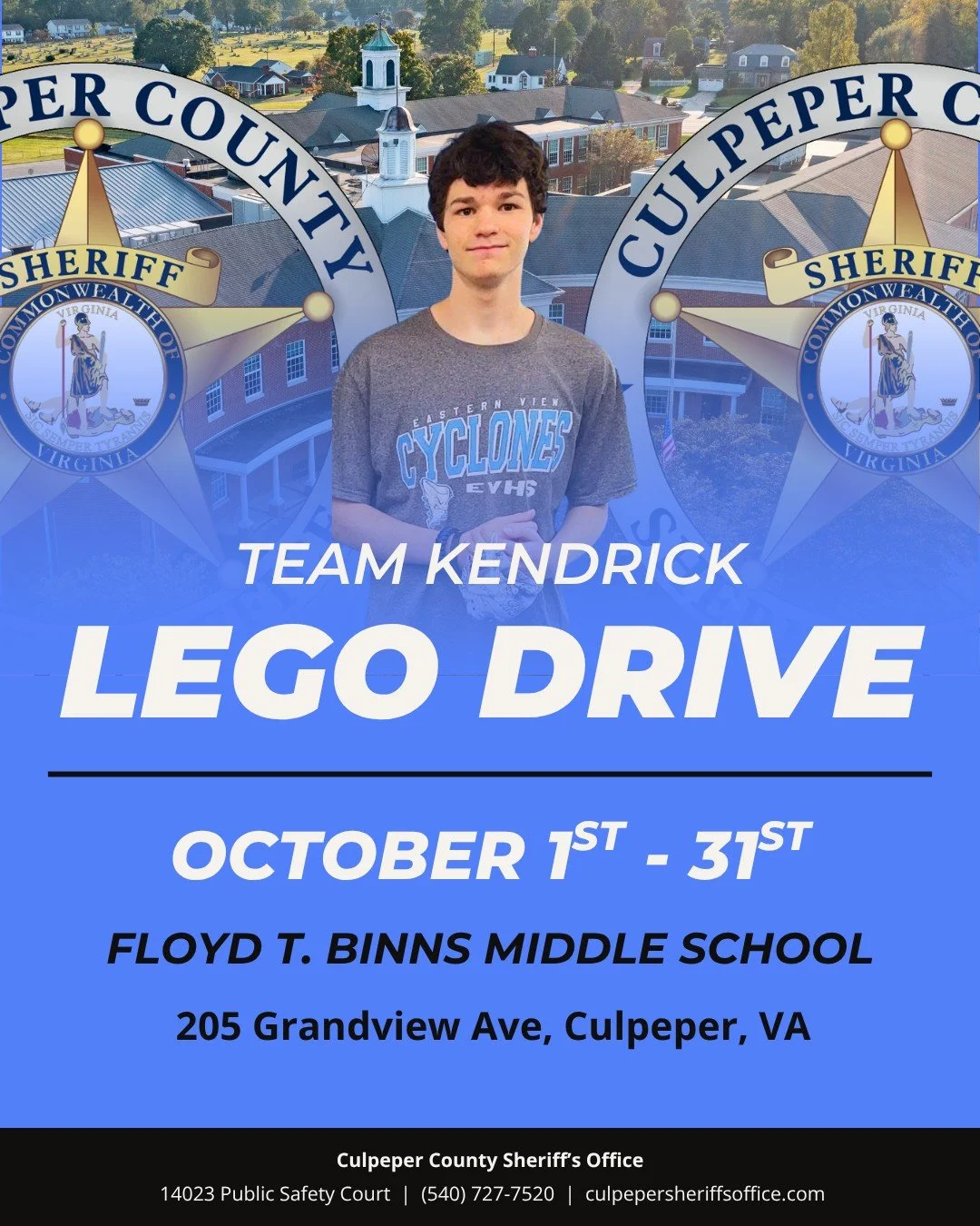 LAST WEEK TO DONATE!

CCSO is teaming up with Floyd T. Binns Middle School&rsquo;s LEGO Club for a month-long LEGO drive benefiting Team Kendrick! 🧩

Team Kendrick takes donated LEGO sets to give to young patients during hospital stays and cancer tr