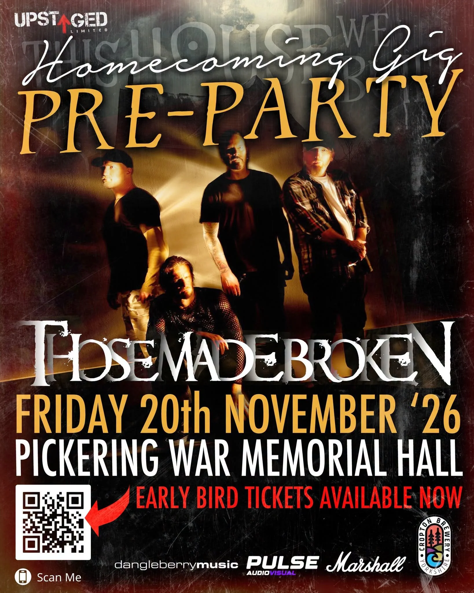 Promotional poster for Homecoming Pre-Party on Friday, November 26. Pickering Memorial Hall, This House we Built, Wailing Banshee,
