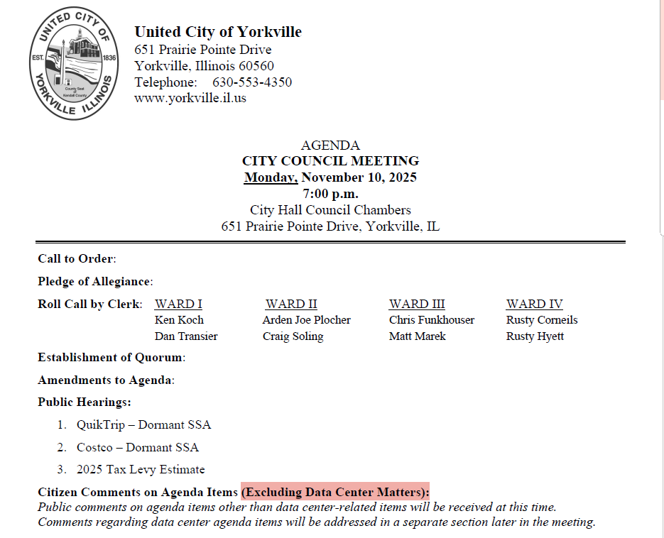 Yorkville City Council Creates Agenda Item for Data Center Comments