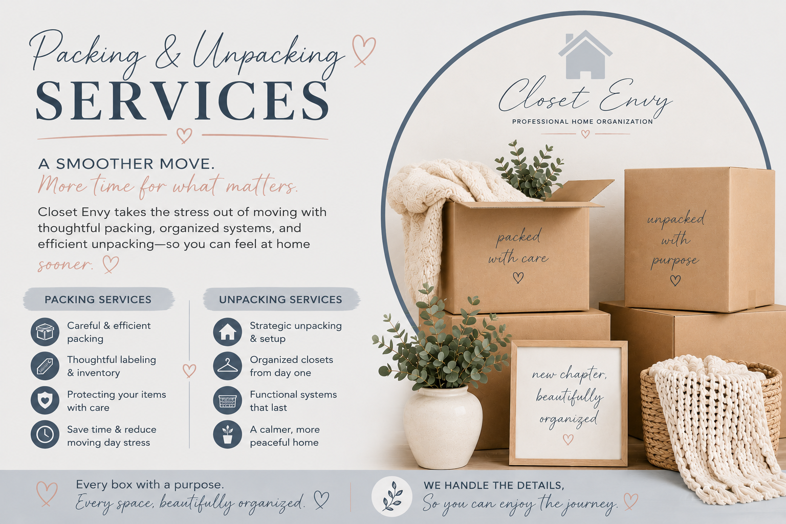 An informational flyer for Closet Envy, a professional home organization service, promoting packing and unpacking services in Fredericksburg, Spotsylvania, and surrounding counties!