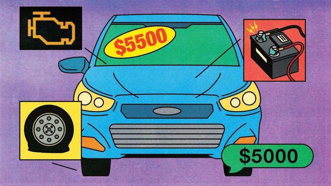 Illustration of car with bids and parts highlighted, by George Wylesol.
