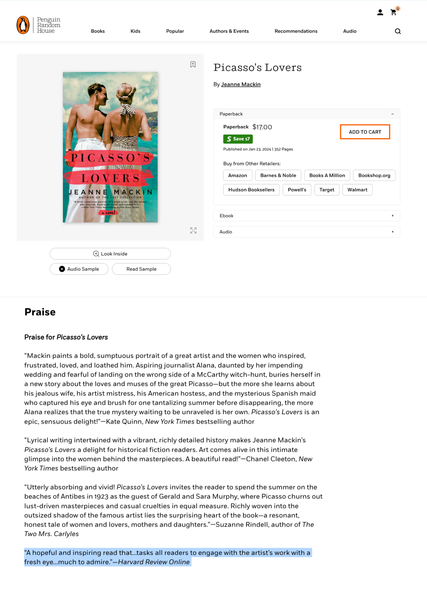 Featured Review on Penguin Random House website for Picasso's Lovers by Jeanne Mackin