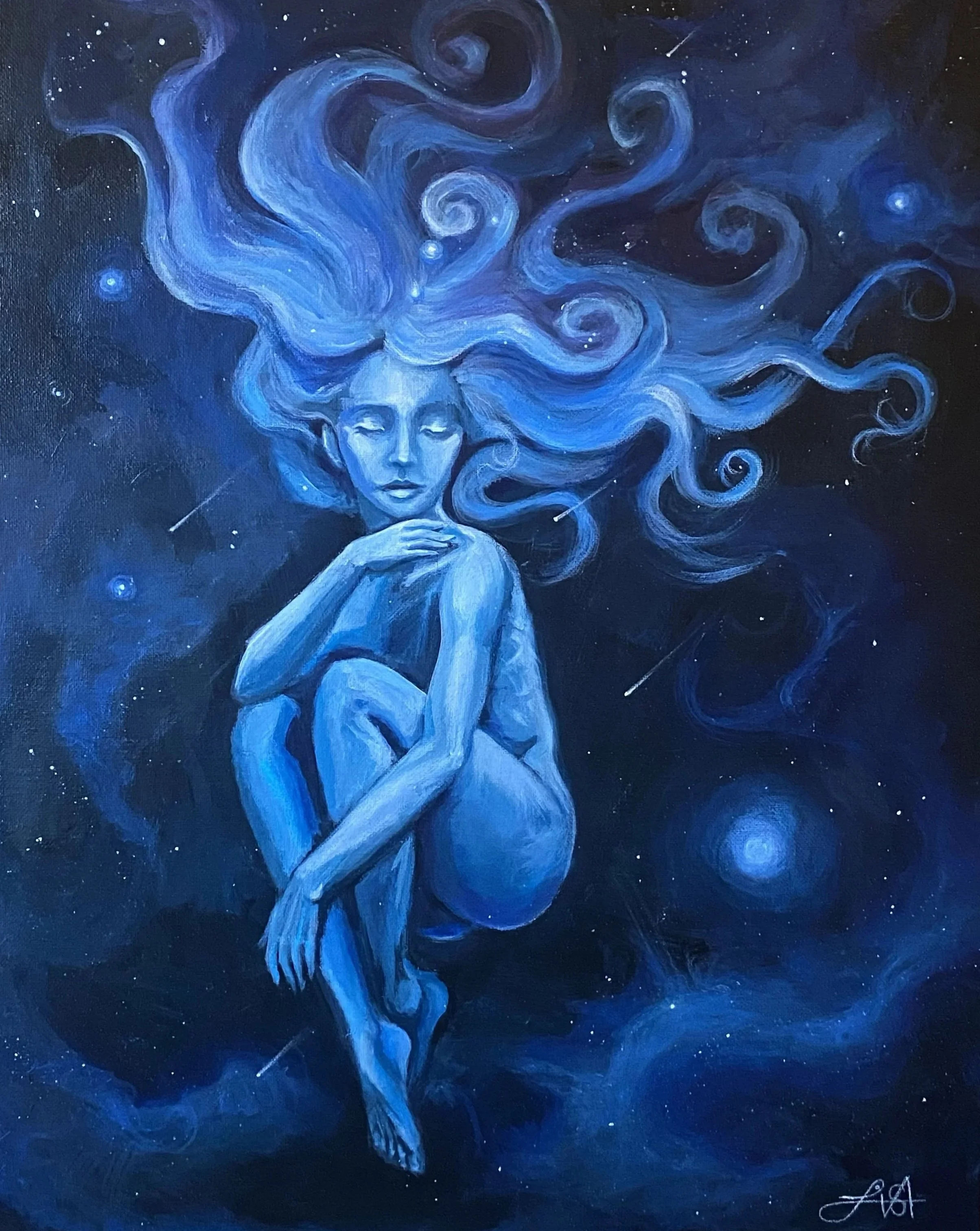Pleiades Star Sister 2022
Medium: Acrylic on canvas 
Dimensions: 16 inches by 20 inches

Pleiades Star Sister is based on the star cluster 