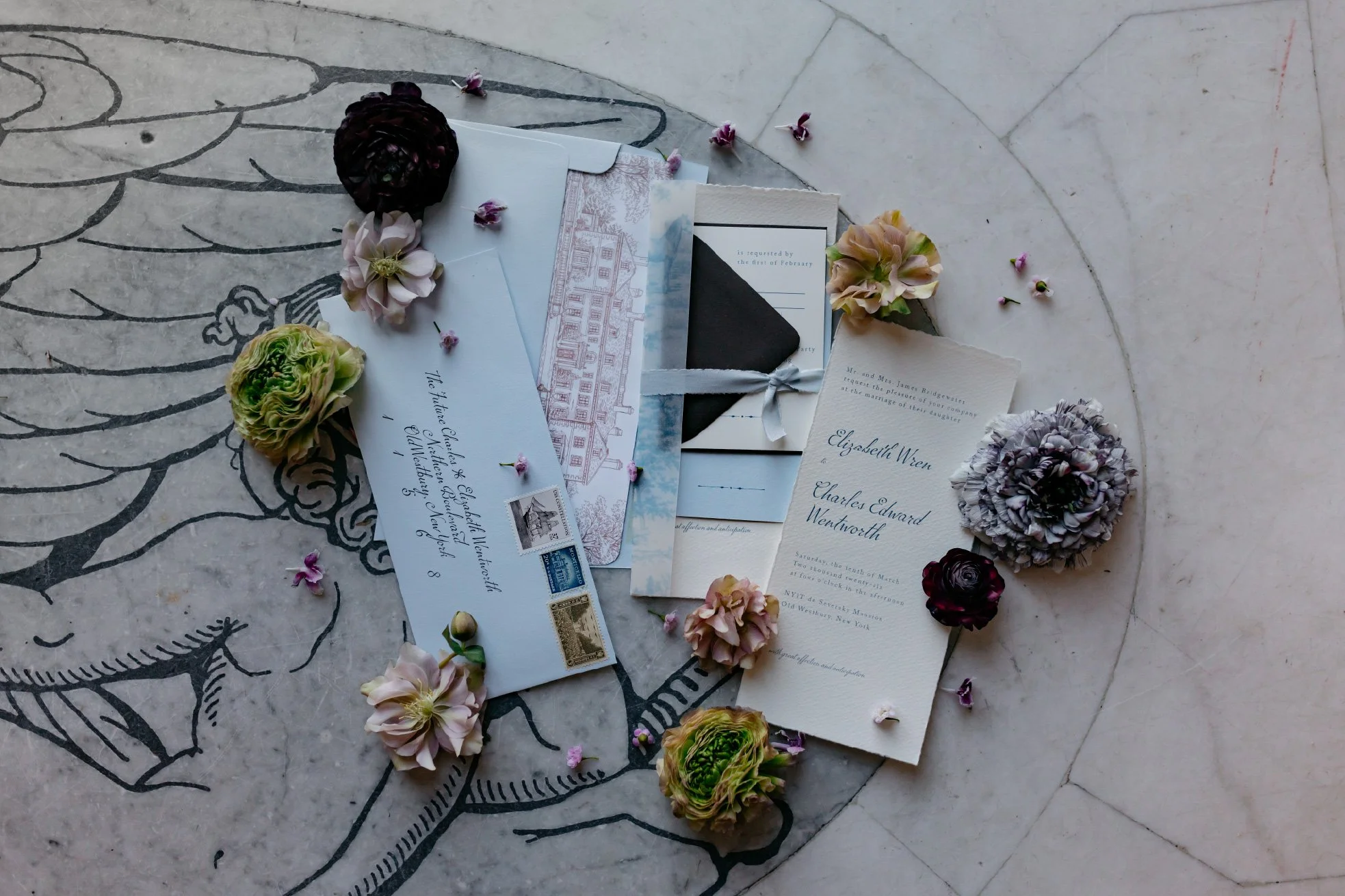 Luxury custom wedding invitation suite with handwritten calligraphy addressing and vintage stamps — ElizaGrace Paperie