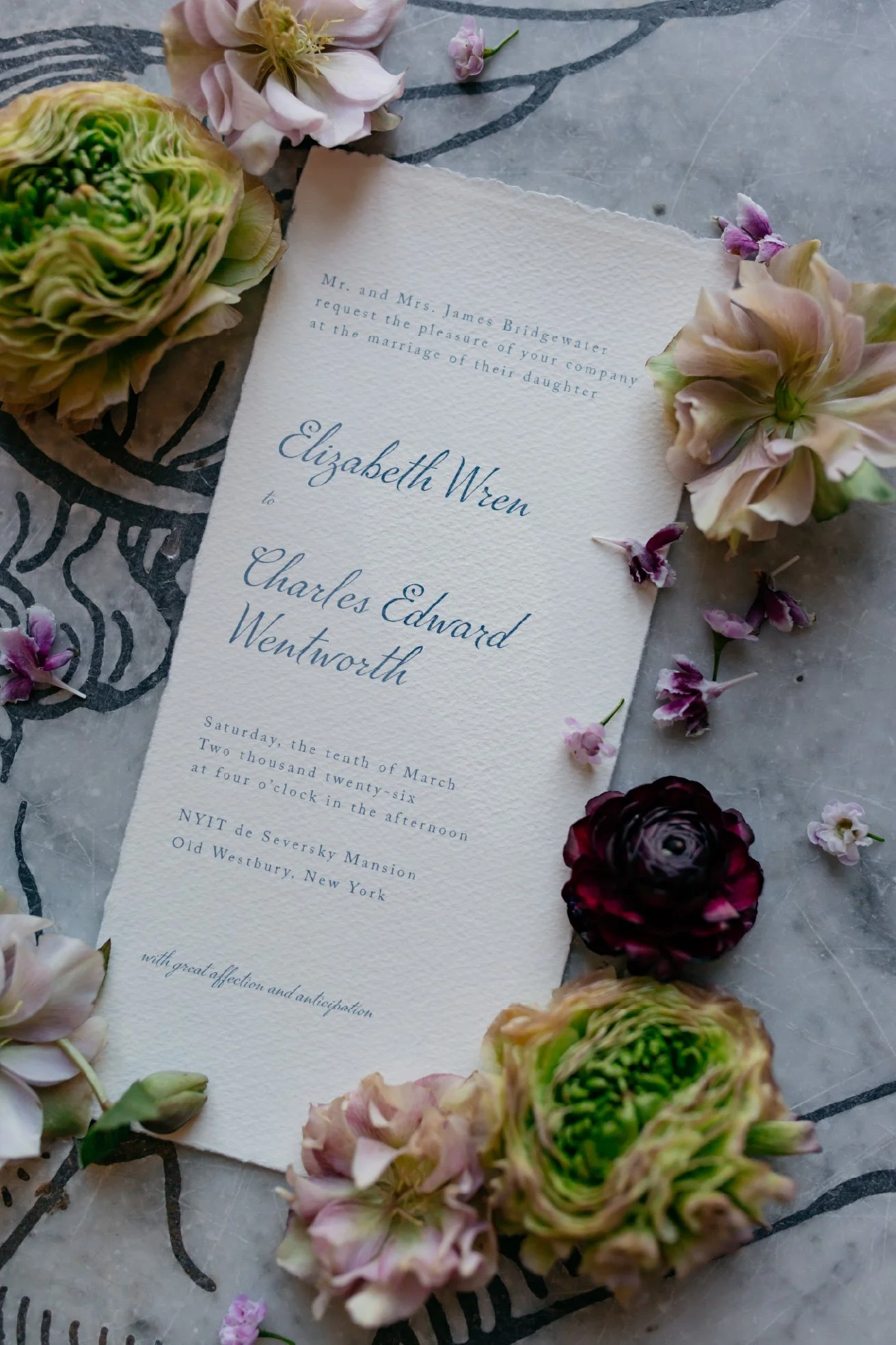Custom wedding invitation on cotton paper with calligraphy names and deckled edges — NYIT de Seversky Mansion — ElizaGrace Paperie