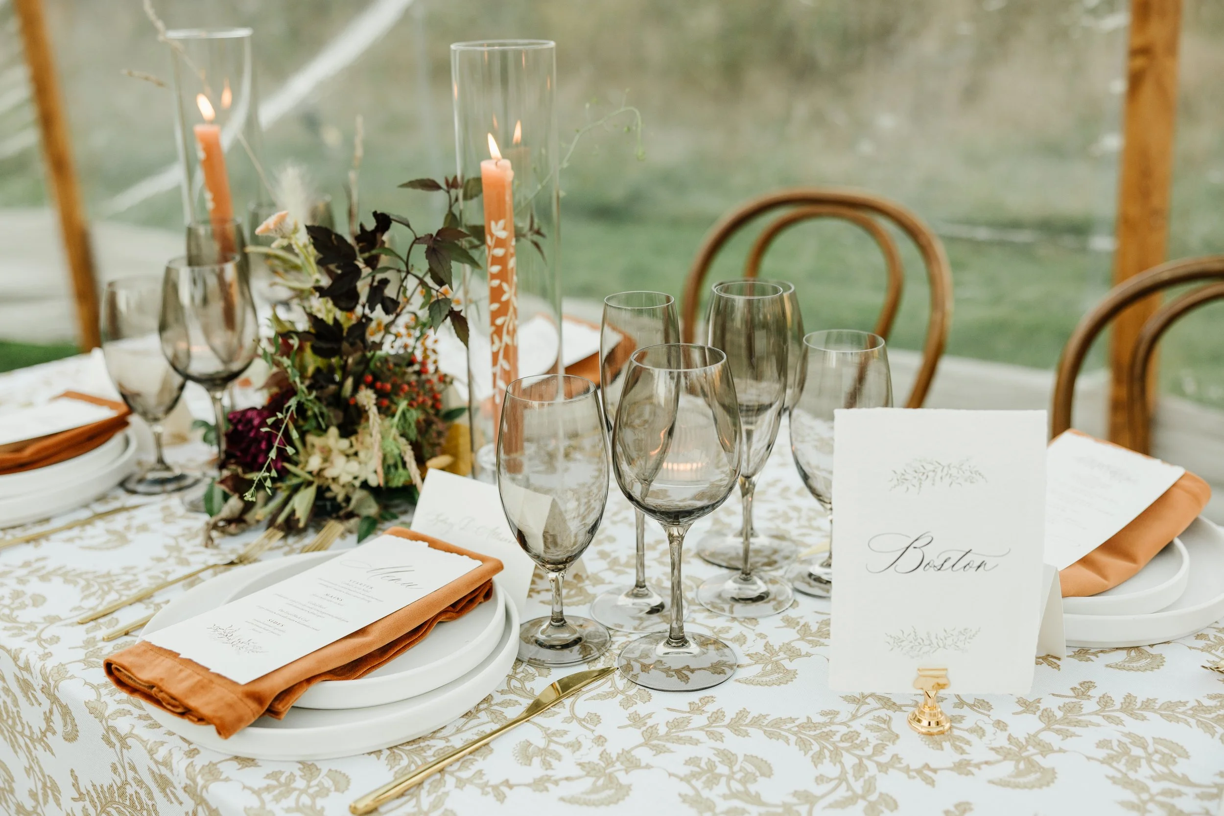wedding menu and table number on fall table scape