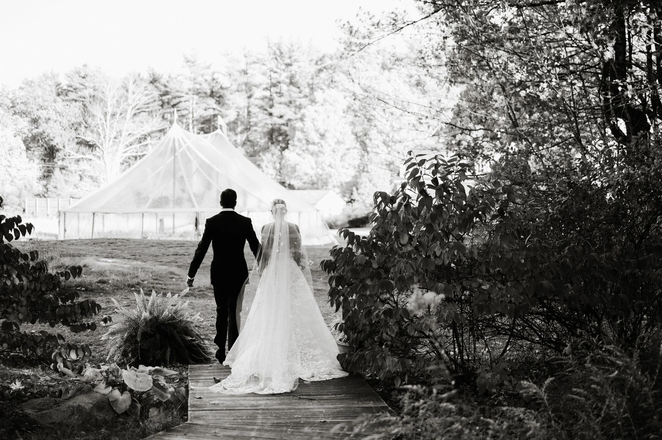 Bride and groom silhouette walking through autumn trees at New England barn wedding