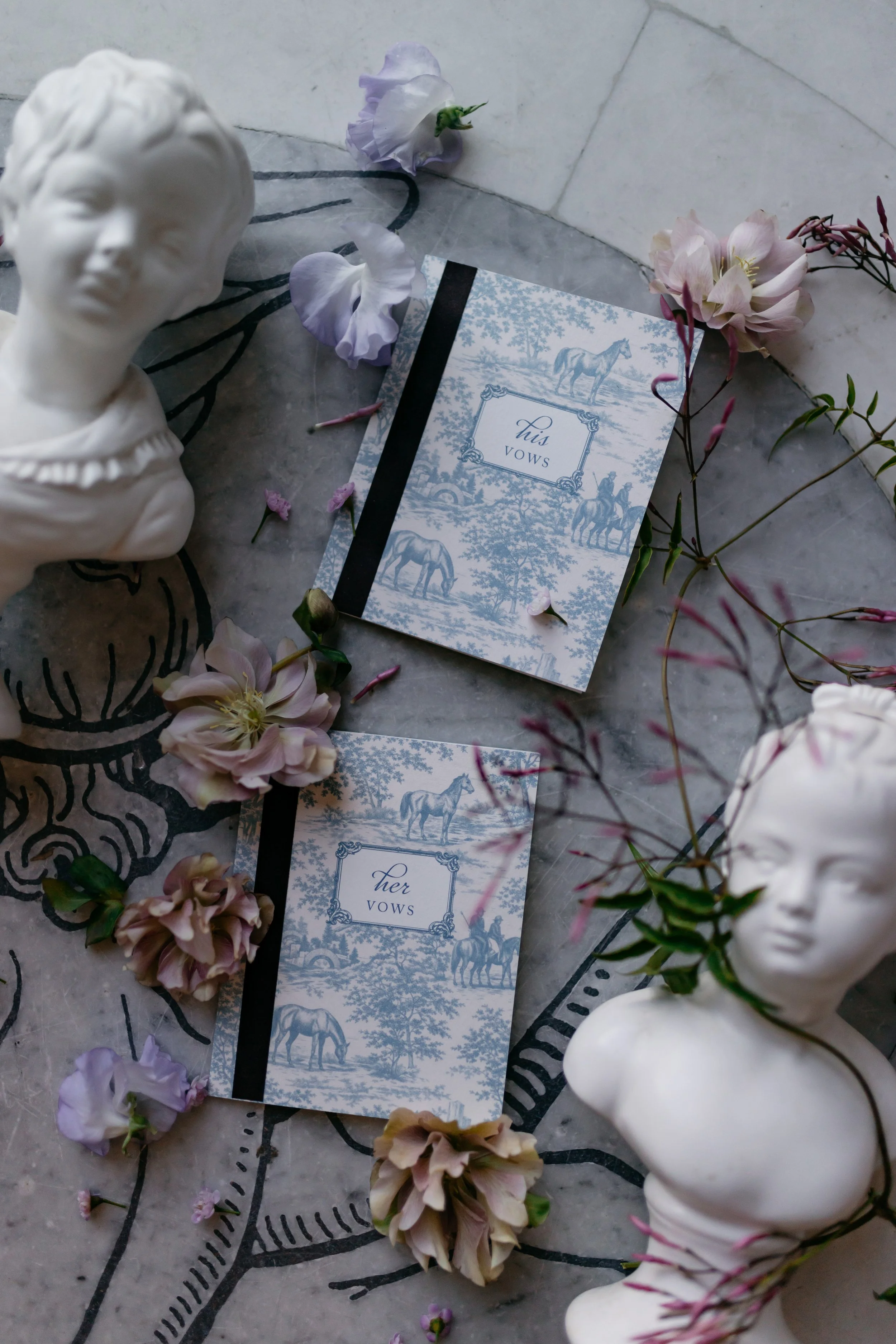 toile vow books with equestrian pattern