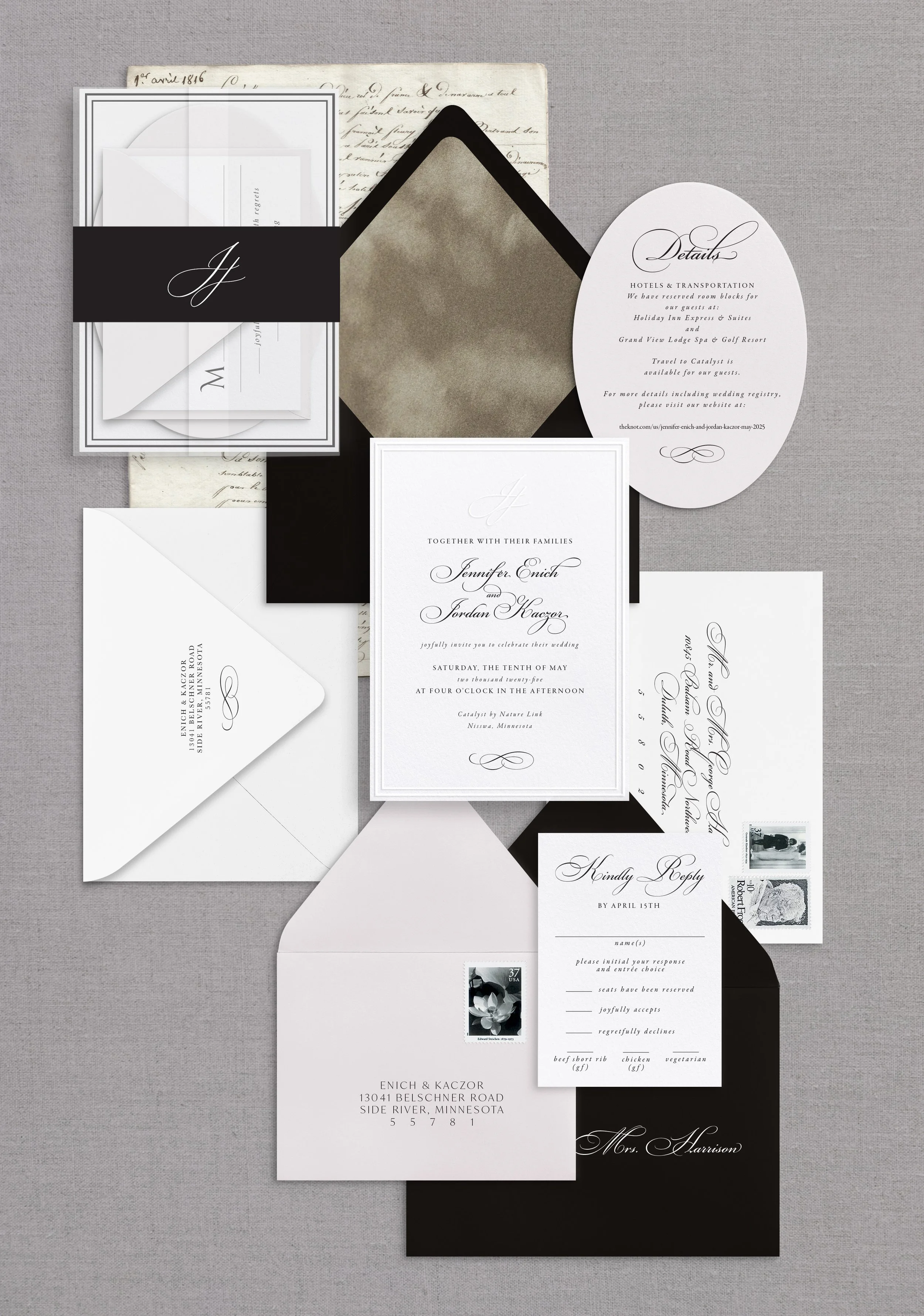 Set of wedding invitations and RSVP cards with elegant black and white design, including envelopes and reservation details.