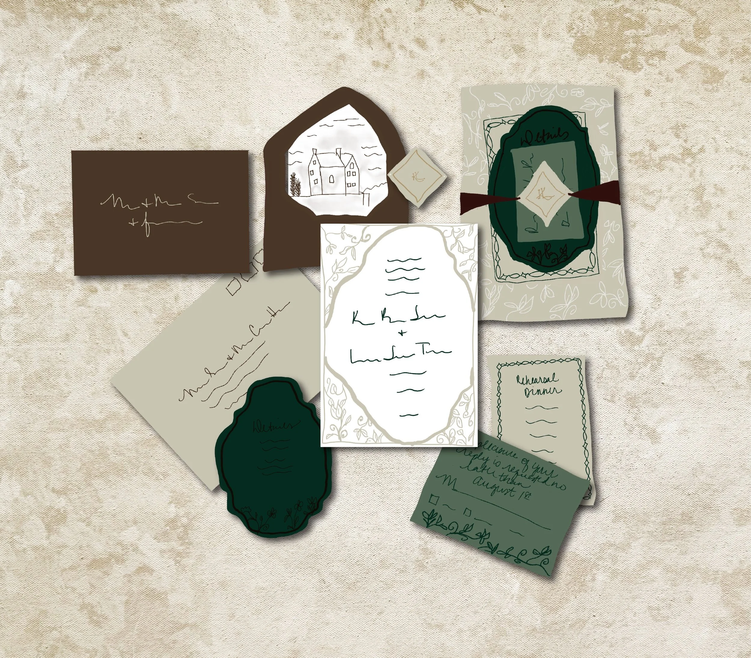hand drawn sketch of wedding invitation flatlay