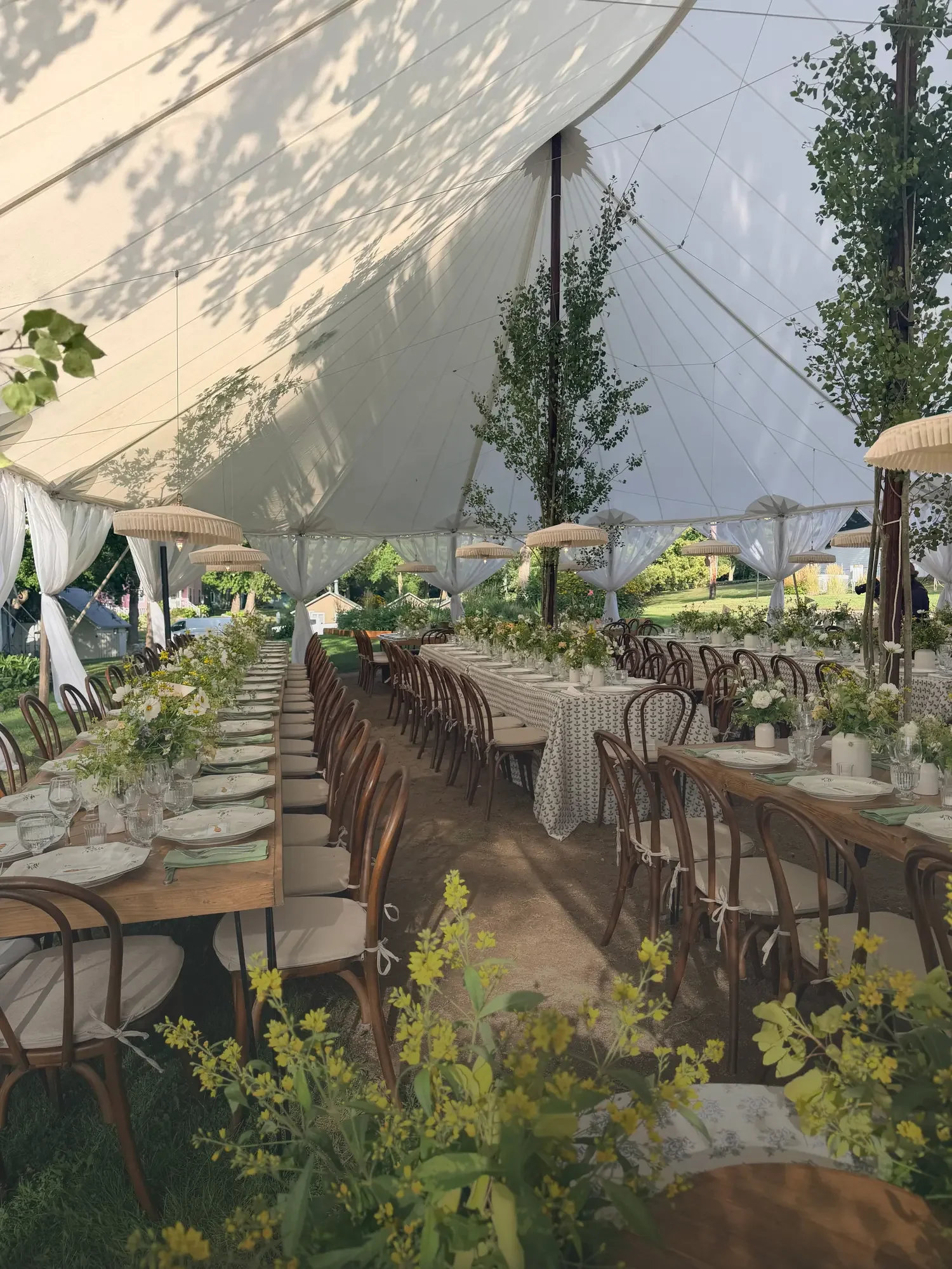 arge outdoor ent with white drapes and a peaked ceiling. Beneath the tent, there are long dining tables set with white tablecloths, floral centerpieces, plates, glasses, and silverware. Wooden chairs are arranged around the tables. The setting appears to be prepared for a celebration or gathering, with sunlight filtering through the trees and casting shadows on the tent's ceiling.