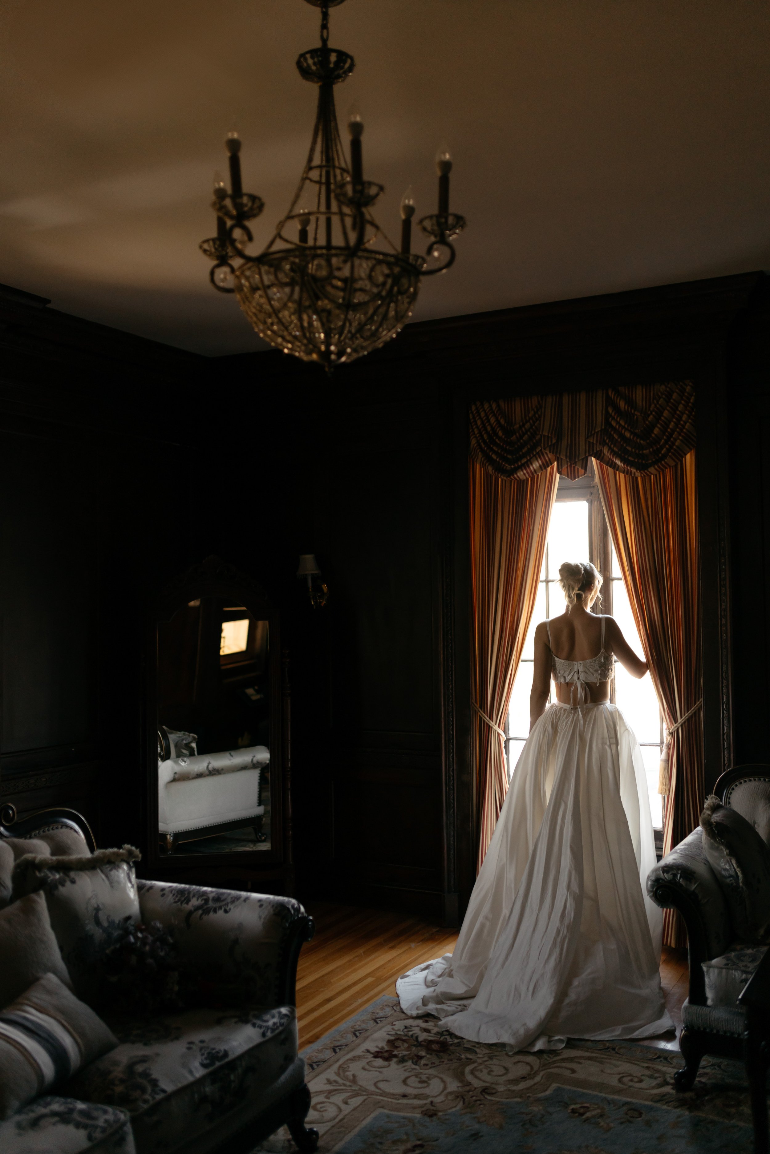 bride peeking out window