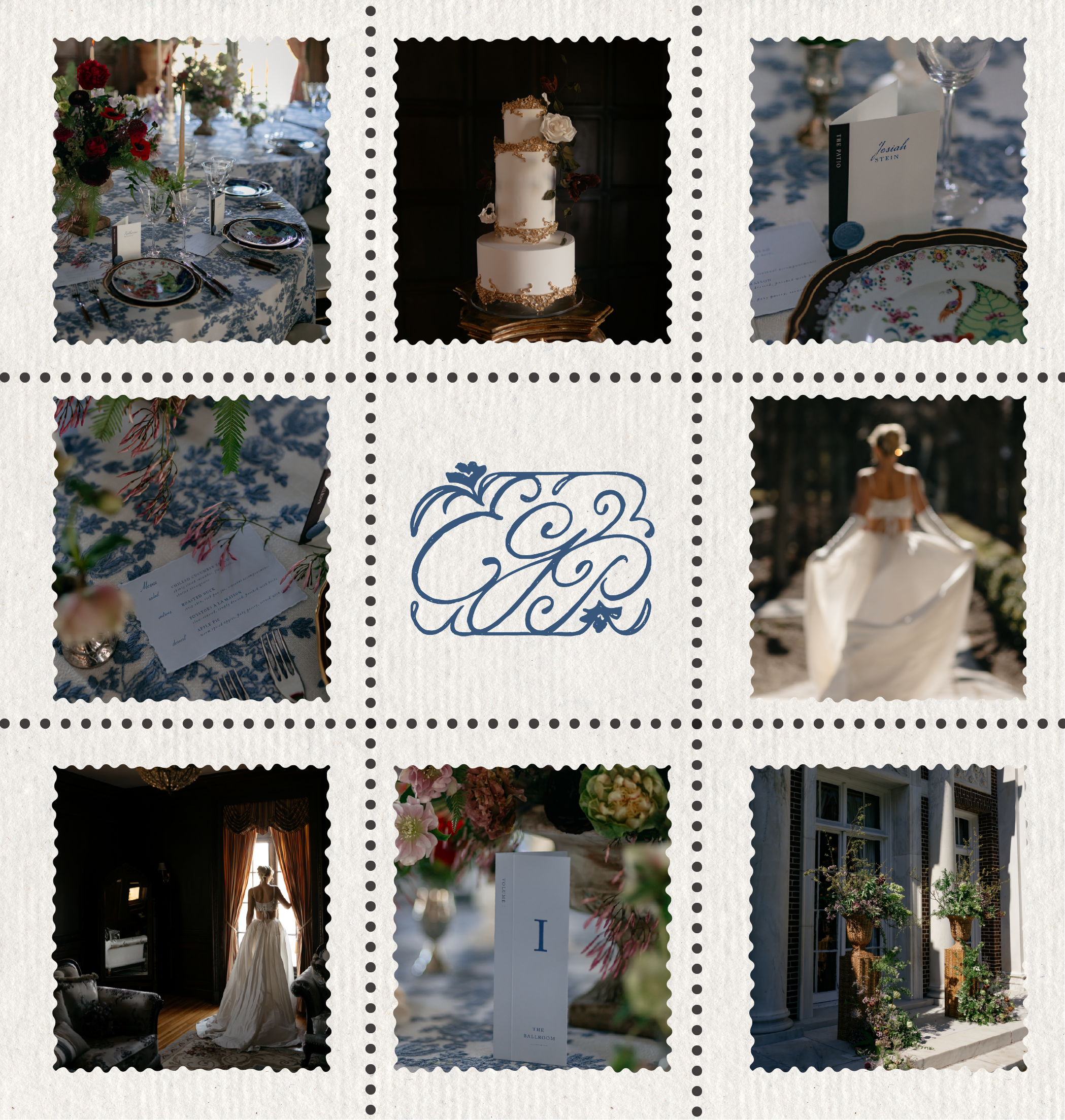 A decorated wedding table with floral arrangements, fine china, and glasses, a three-tier wedding cake with flowers, a menu card, a bridal gown on a model, a sign for the ballroom, and an outdoor scene with flowers and hanging baskets.