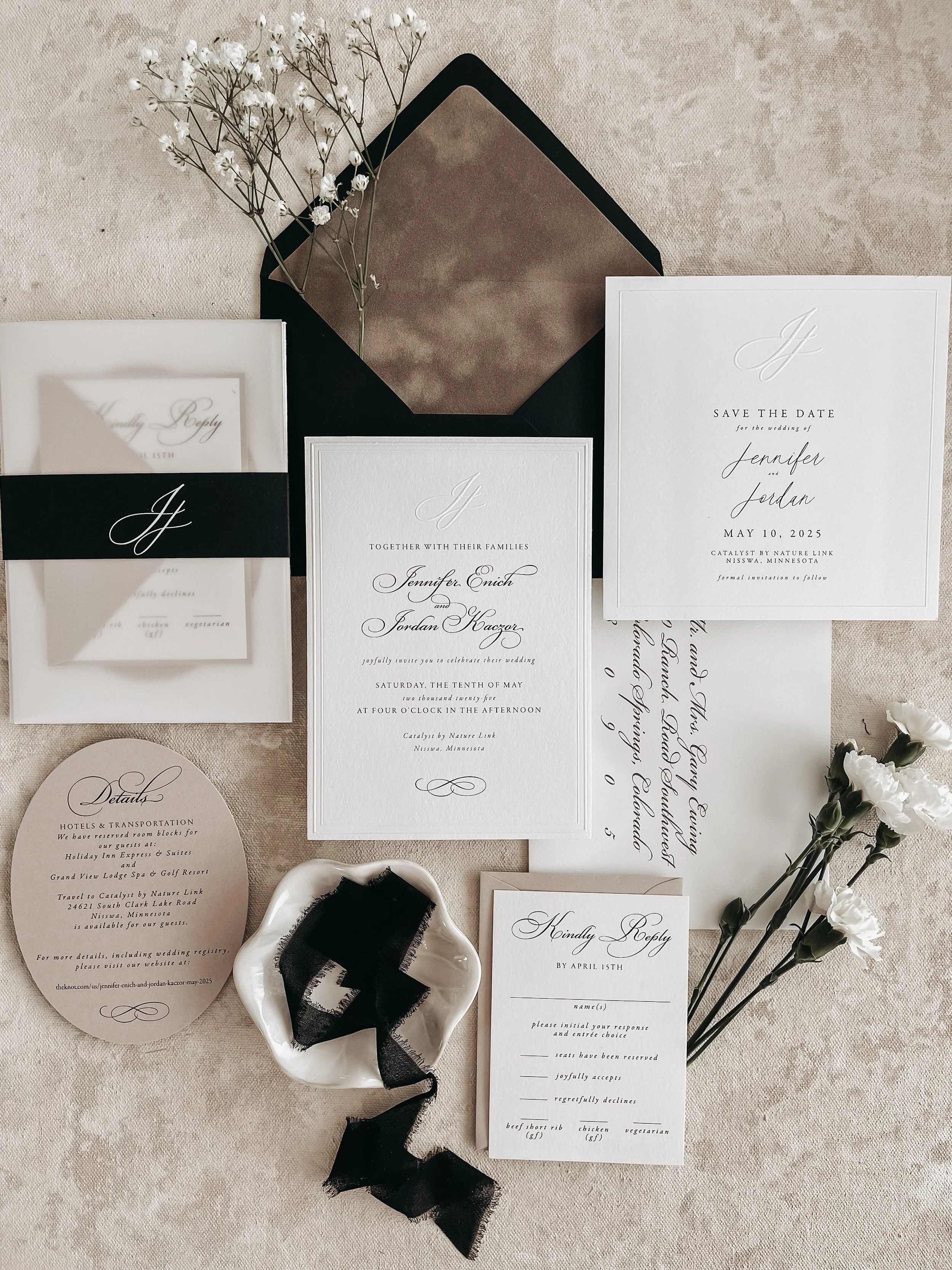 embossed wedding invitation suite with calligraphy and oval details card