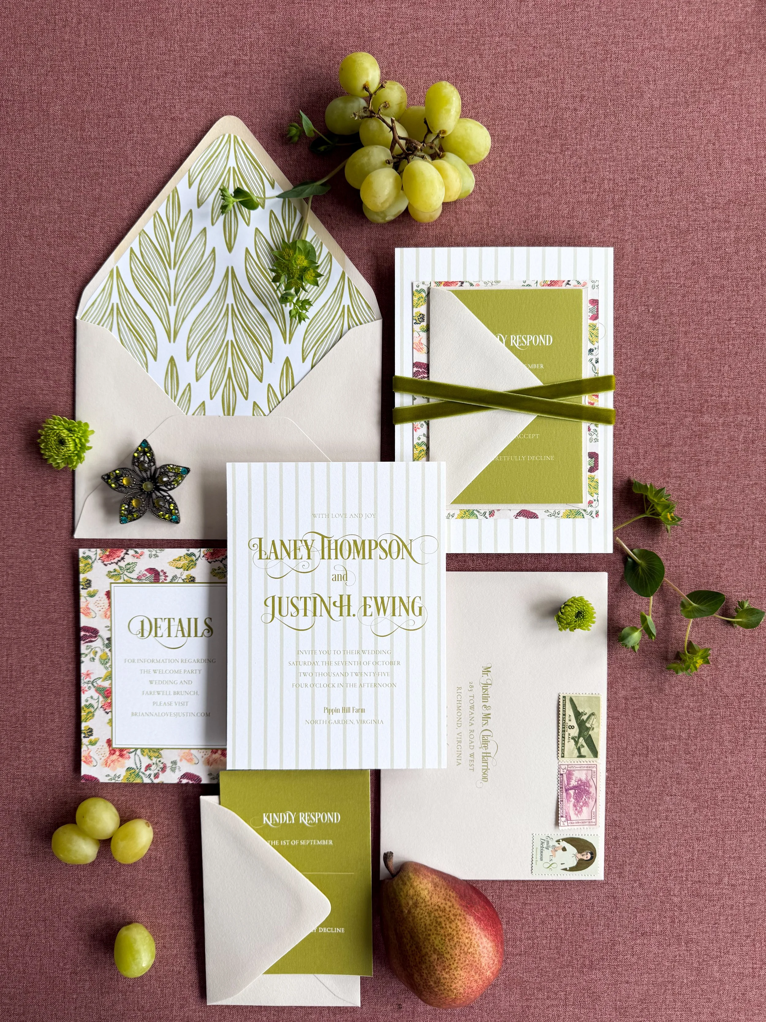 Olive green wedding invitation suite with stripes